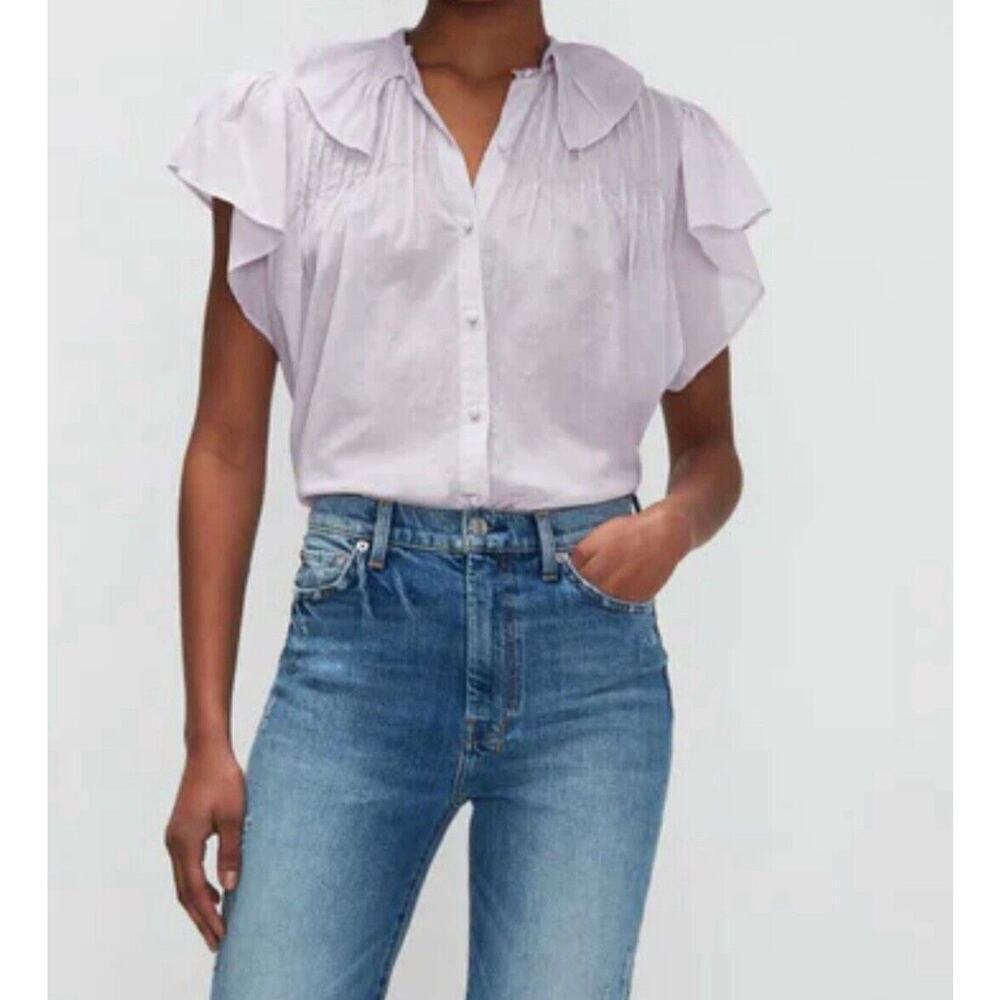 7 For All Mankind Peter Pan Collar Ruffle Top Light Lilac Women's Sz Xs